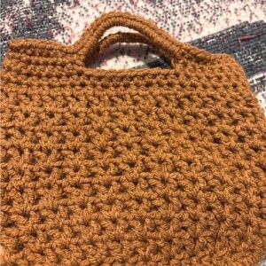 Crocheted Mini Purse in Warm Brown Lined in a Brown Cotton with Sequined Pattern